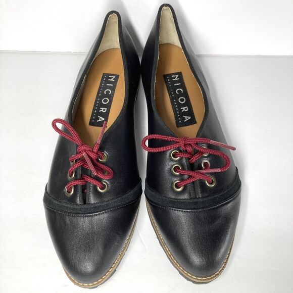 Nicora Shoes - Nicora Shoes Womens Size 6.5 Black Leather Vibram Sole Handmade Lace Up Flats